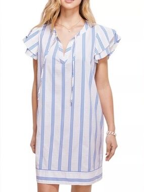 Vineyard Vines Striped Dress XS Blue White Ruffle Sleeve Tie Neck Shift